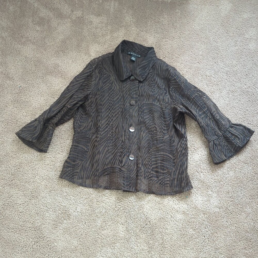 Citiknits Pleated Blouse Semi Sheer Long Sleeve Button Front Brown Large - Picture 2 of 11